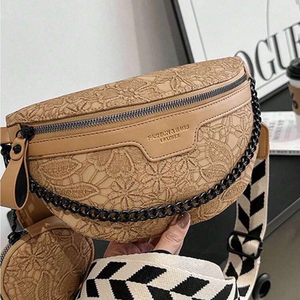 Elegant Tan Crossbody Bag with Lace Detail